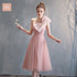 Bridesmaid Dress Tea-Length Tulle With Built-In Bra, V-Neck Pleated Design For Prom And Wedding Dress