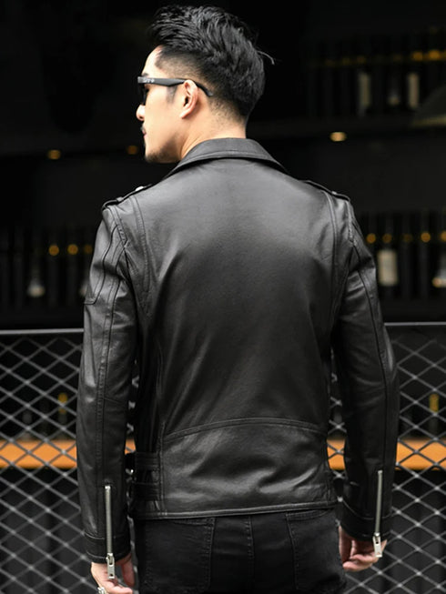 Men's Slim Fit Motorcycle Bomber Leather Jacket with Turn Down Collar and Zipper Pockets for Autumn and Winter Styling