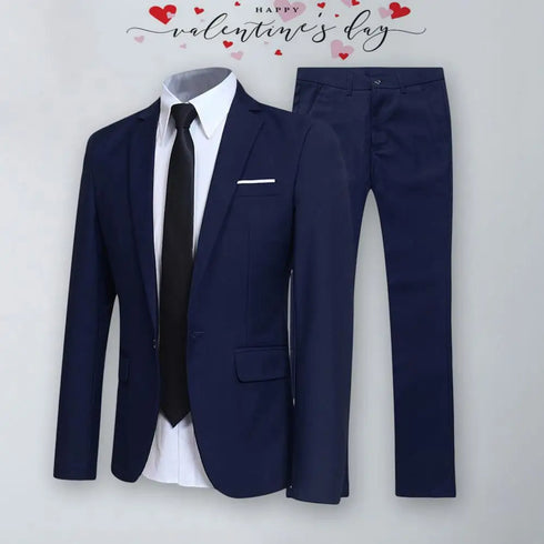 1 Set Men Jacket Pants Solid Color Turndown Collar Slim Fit Business Suit Set for Wedding Office