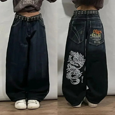American Fashion Pattern Print Oversized Loose Jeans Women Y2K Street Joker Wide-leg Pants Unisex High Waist Jeans