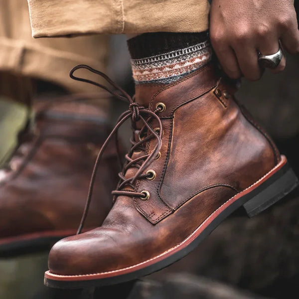 Retro Handmade Leather Ankle Boots for Men - Chunky Motorcycle Style
