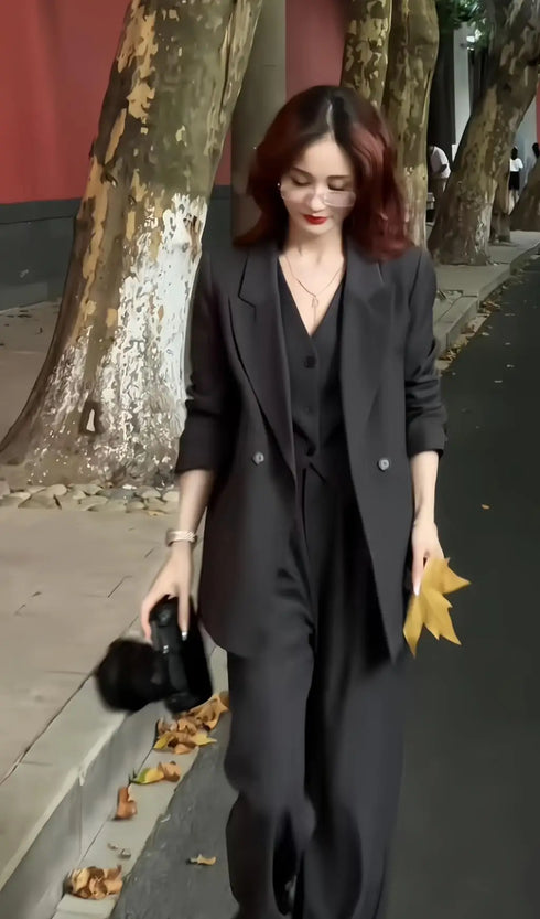 Elegant 3-Piece Korean Business Suit for Women: Stylish Blazer, Sleeveless Vest, and Wide Leg Pants Set for Office and Casual Wear