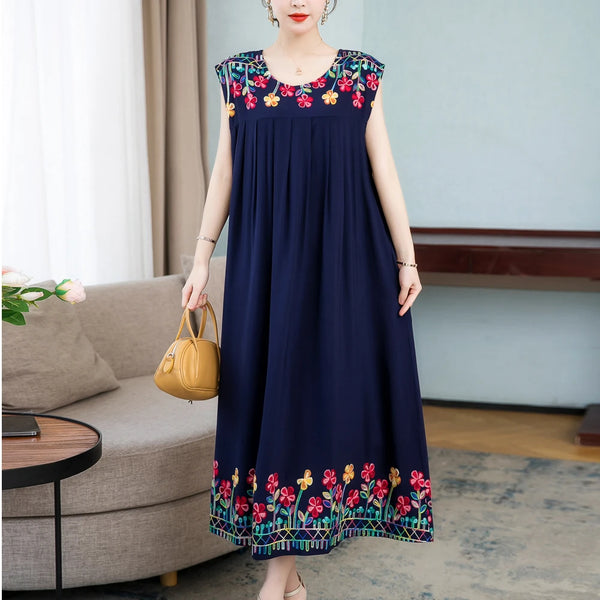 Casual Summer Dress For Women Floral Sunflower Embroidery