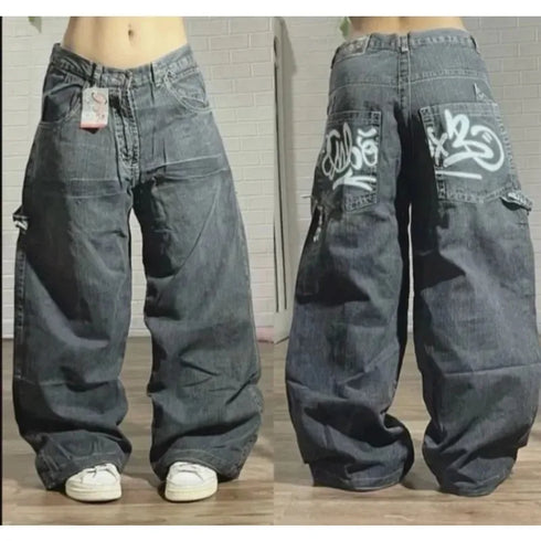 Y2K Oversized Skull Print Baggy Jeans Women Streetwear Vintage Casual High Waist Wide Leg Pants