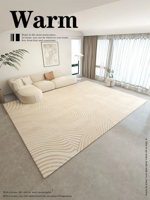 Minimalist Beige Art Stripe Carpet Soft Large Area Rug for Bedroom and Living Room Decor