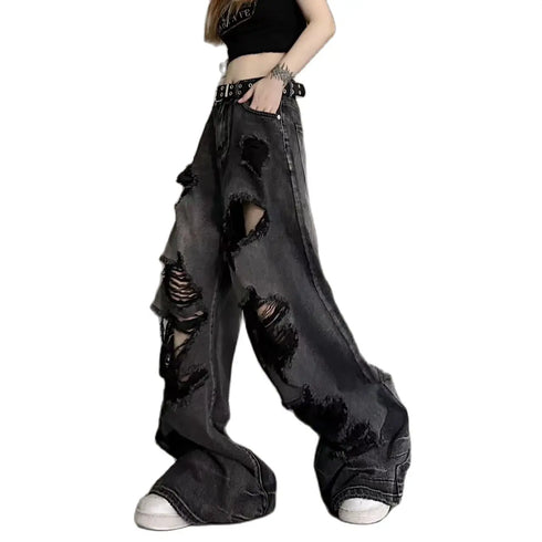 Vintage Wide Leg Ripped Denim Jeans for Women - Y2K Style Loose Fit Straight Pants Perfect for Fall Outfits and Streetwear Inspiration