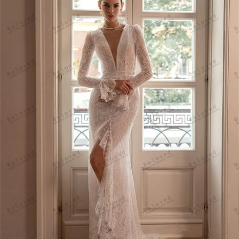 Elegant Bridal Gowns Lace Appliques Deep V Neck Mermaid Wedding Dresses