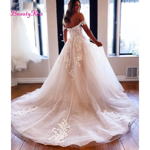 Off The Shoulder Wedding Dresses Appliqued Lace Gowns Boho Bridal Dress
