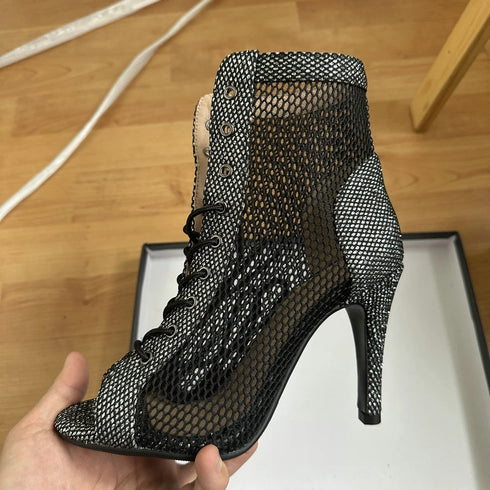 Sexy High Heels Hollow Mesh Sandals for Summer Fashion Comfort Peep Toe Stilettos Jazz Dance Female Shoes Plus Size