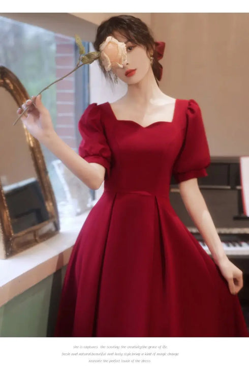 Elegant Red Midi Dress Women Summer Vintage Evening Party Dress Casual Fashion Formal Occasions One Piece Dress