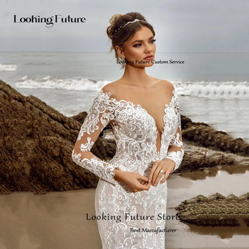 Customized Mermaid Long Sleeve Wedding Dress with Lace Appliques and Deep V-Neck Design