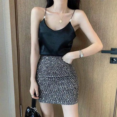 Satin Silk Backless Halter Crop Top for Women - Stylish Sleeveless Camisole Perfect for Summer Parties and Clubbing - Trendy Tank Top with Beaded Decoration and Open Back Design