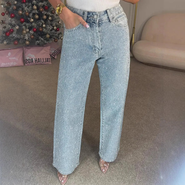 High Waist Straight Jeans For Women Distressed Denim With Pockets Diamond Accents Vintage Streetwear