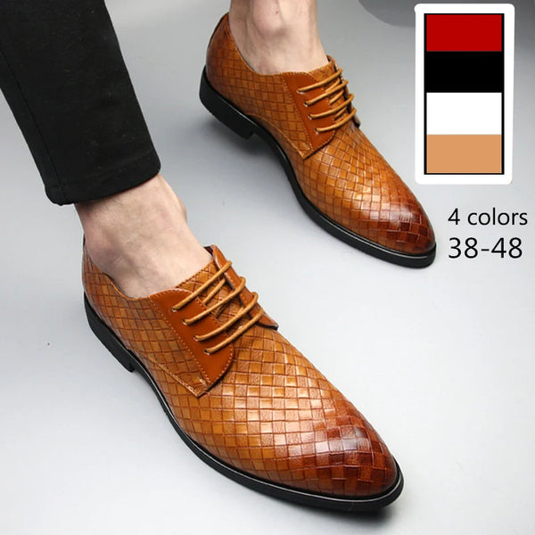 Elegant Plaid Pointed Toe Lace-Up Men's Leather Oxfords - Stylish Casual Business Dress Shoes for Formal Occasions