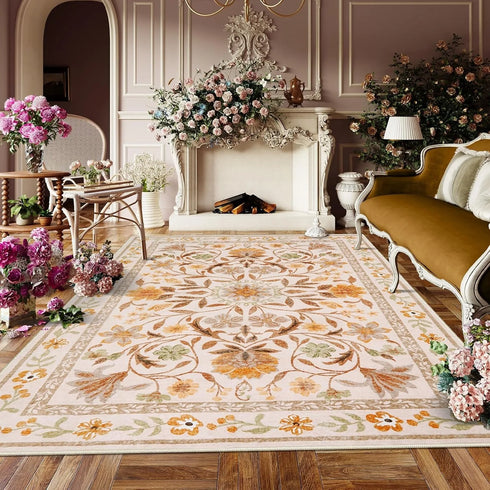 Floral Style Living Room Carpet Machine Washable Large Area Decorative Rug