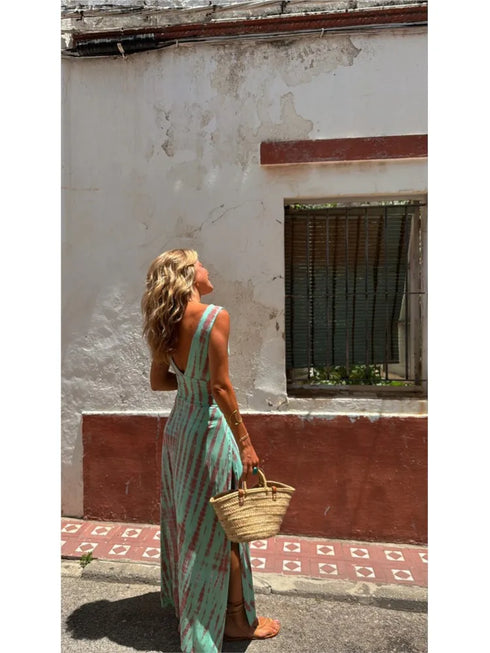 Fashion Print Slim Sleeveless Long Dress for Women with Sexy V Neck Hollow Out Backless Design and Side Slit