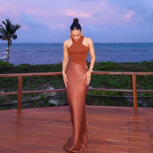JULISSA MO Satin Sexy Hollow Out Maxi Dress for Elegant Parties