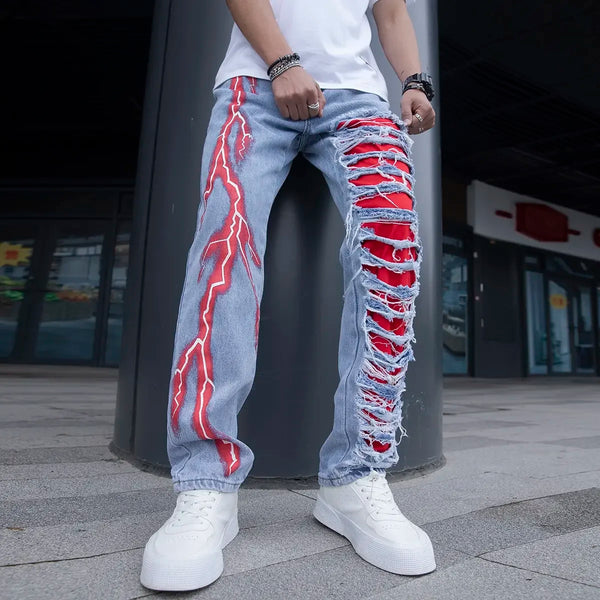 Men Cracked Stretchable Lightning Jeans Denim Pants for Men
