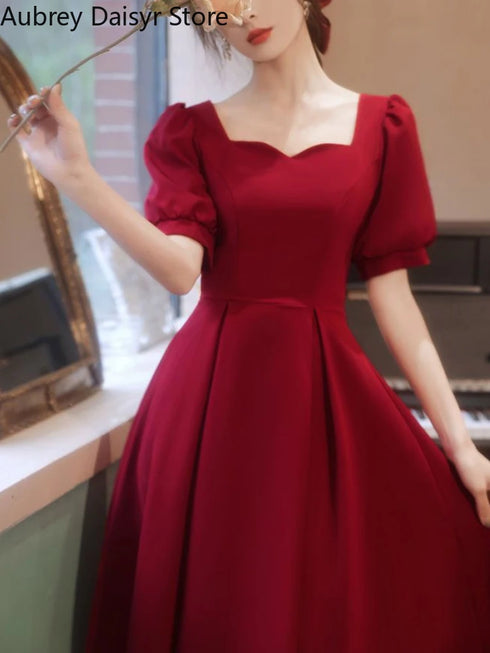 Elegant Red Midi Dress Women Summer Vintage Evening Party Dress Casual Fashion Formal Occasions One Piece Dress