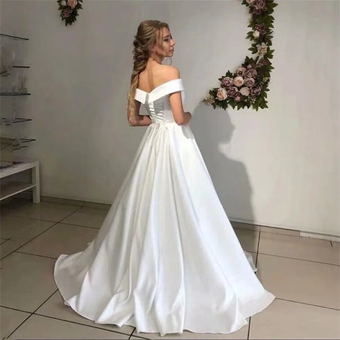 Satin Off The Shoulder Wedding Dress Simple A-Line Bridal Gown