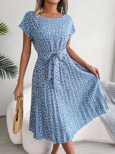 Chic Floral A-Line Dress for Women - Spring Summer Short Sleeve Pleated Style