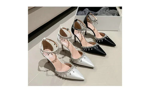 Comemore White Wedding Bridesmaid Satin Pumps with Rhinestones