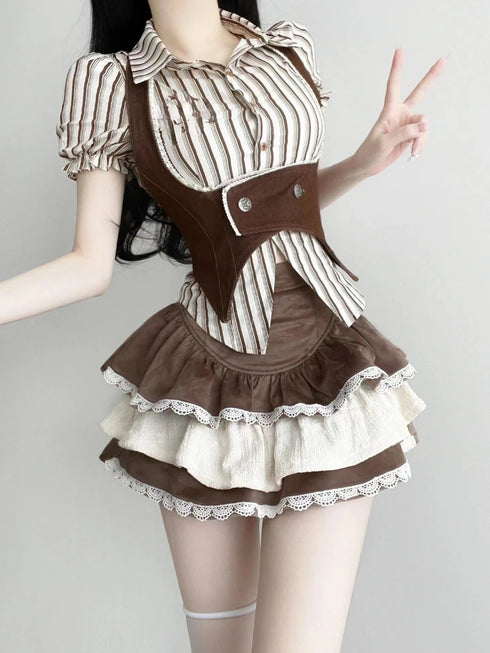 Fashion Vintage Y2K 3 Piece Set Summer Striped Shirt Slim Vest Lace Mini Skirt Women's Chic Outfit