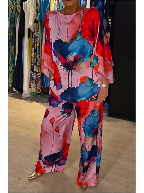 Elegant Satin Printed Two Piece Set for Women – Stylish Round Neck Top with Wide Leg Pants for Effortless Summer Outfits Inspo