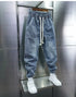 Men's Hip Hop Casual Denim Jogger Pants with Elastic Waist and Letter Print