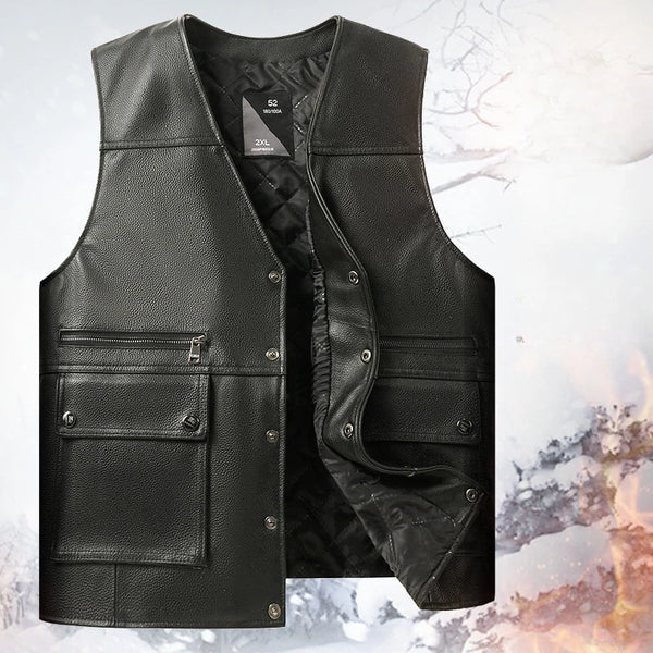 Stylish Men's Sleeveless V-Neck Real Leather Vest - Casual PU Sheepskin Waistcoat with Pockets for Spring and Autumn Streetwear