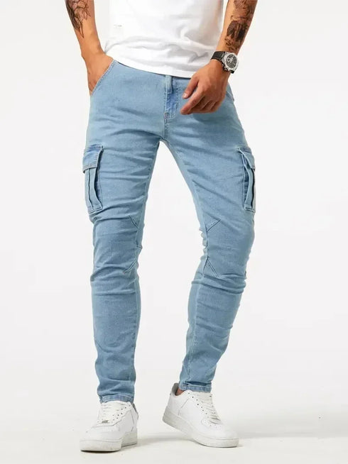 Elastic Denim Cargo Jeans For Men Slim Fit With Pockets Daily Wear