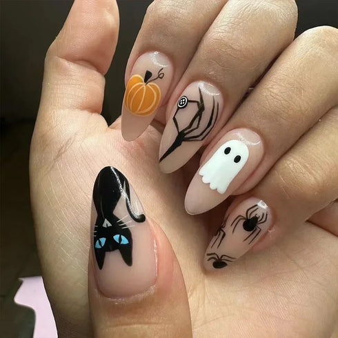 24pcs Halloween-Themed Short Square Press-On Nails with Fun Ghost, Bat, and Spider Web Designs - Perfect Fake Nail Set for Women and Girls