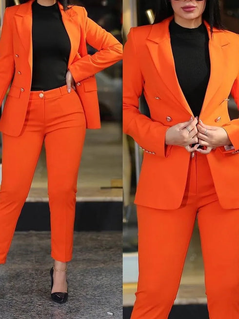 Chic Women's Long Sleeve Suit with Slim-Fit Wrap Buttock Pencil Pants – Elegant 2 Piece Office Ensemble for Autumn and Winter Fashion