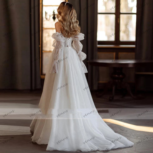 Vintage Wedding Dresses A-Line Tulle Gowns Long Puff Sleeves