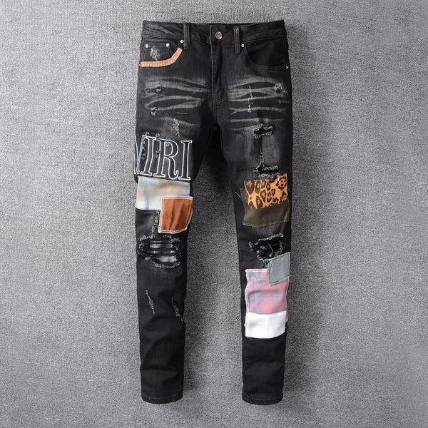High Street Hip Hop Jeans Men Fashion Patch Embroidery Slim Fit