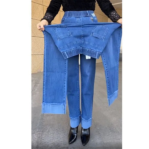 Elastic Waist Jeans For Women High Waist Wide Leg Denim Pants Loose Fit Casual Trousers