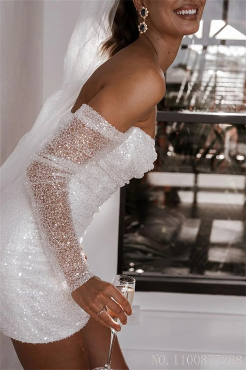 Customized Simple Off Shoulder Sequins Glitter Wedding Dress See-through Long Sleeves Mini Bridal Gown