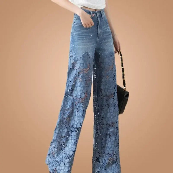 Fashion Elegant Jeans for Women High Waist Lace Patchwork Pants