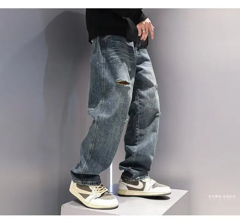 Ripped Jeans Baggy Straight Fit Denim Pants Mens Jeans Streetwear Hip Hop