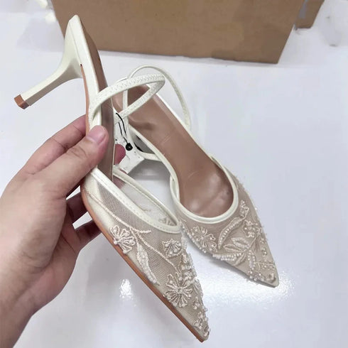 Sexy Mesh Pointed Stiletto Mules Women Heels Elegant