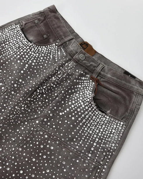 Gothic Trend Rhinestone Pocket Denim Shorts for Men