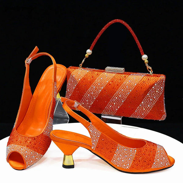 Orange PU Rhinestone Shoes And Bag Set For Party