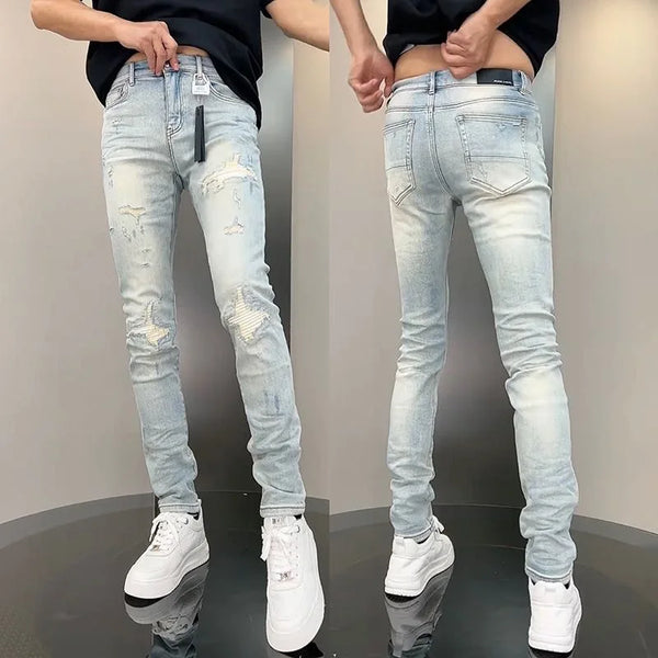 Jeans For Man Classic Patchwork Ripped Denim Pants