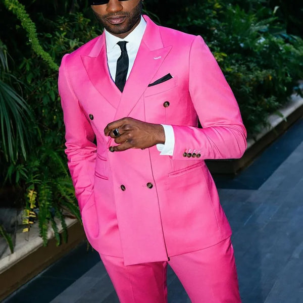 Bright Pink Double Breasted Men Suit Two Pieces Chic Casual Party Prom Wedding Set