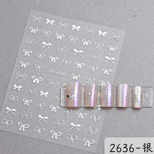 5D Embossed Nail Art Stickers - Semi-Transparent White Bowknots Adhesive Sliders for Creative Manicure Decorations and Nail Art Accessories