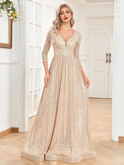 Elegant V Neck Long Sleeve Sequins Evening Gown for Formal Occasions