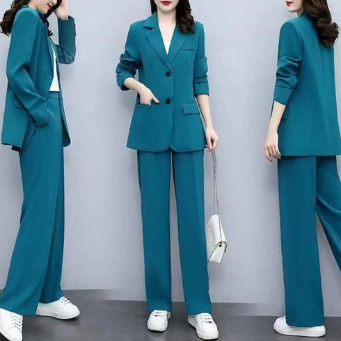 Chic Women's Formal Business Coat and Wide Leg Pants Suit Set with Lapel Button Closure and Long Sleeve Cardigan for Autumn and Winter Elegance