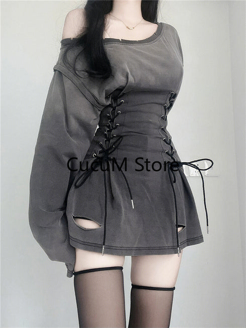 Fairycore Grunge Goth Corset Dress Women Aesthetic Streetwear Bodycon Y2k Indie Clothes