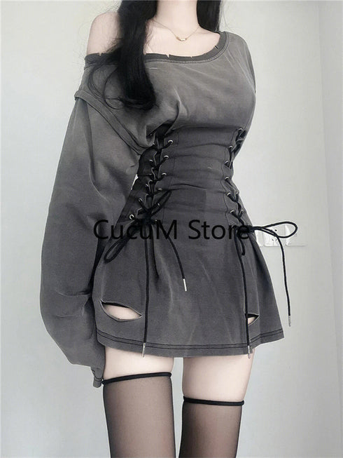 Fairycore Grunge Goth Corset Dress Women Aesthetic Streetwear Bodycon Y2k Indie Clothes