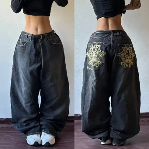 Y2K Oversized Skull Print Baggy Jeans Women Streetwear Vintage Casual High Waist Wide Leg Pants